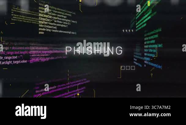 Animation of colorful code snippets and binary numbers with phishing ...