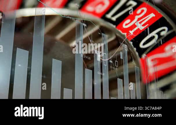 Overlaying financial data charts, roulette wheel depicting investment ...