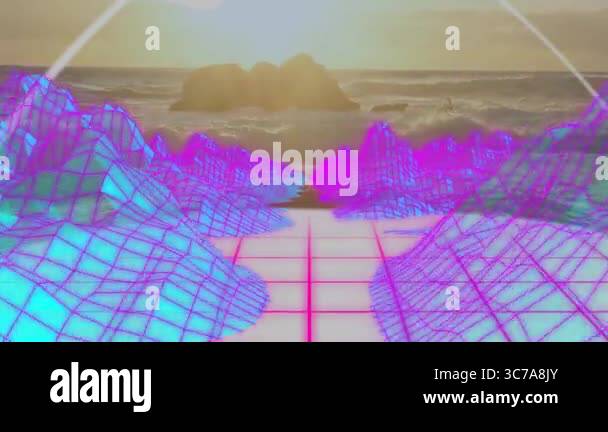 Animation of vibrant mountains and neon grid landscape over ocean at ...