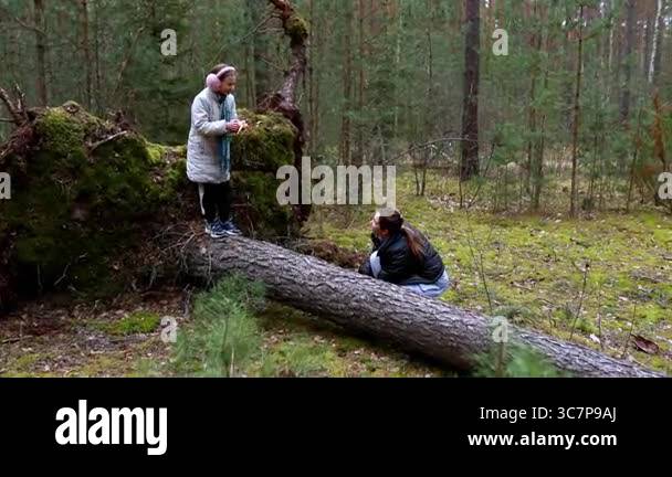 Two children enjoy the outdoors in a forest, one balancing on a fallen ...