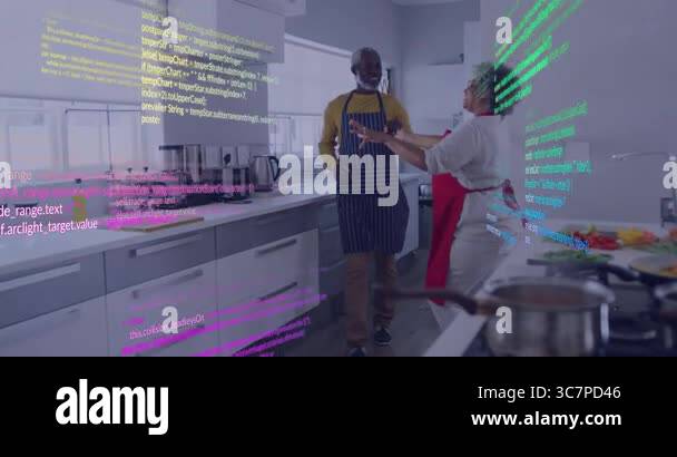 In kitchen, people cooking together with code lines overlaying ...
