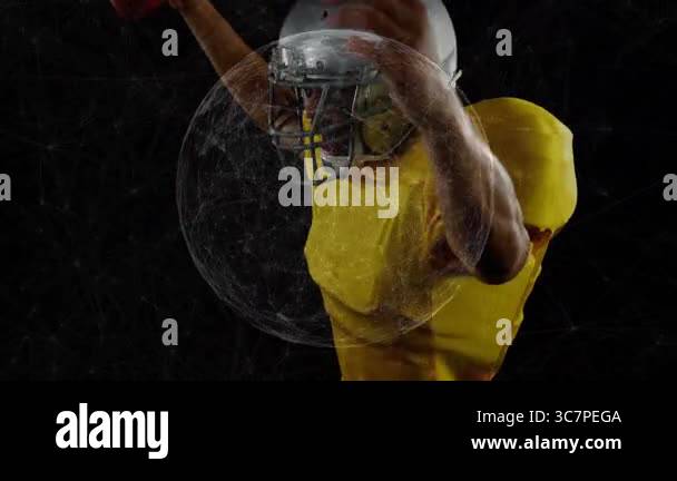 Throwing football, player in yellow jersey over digital network ...