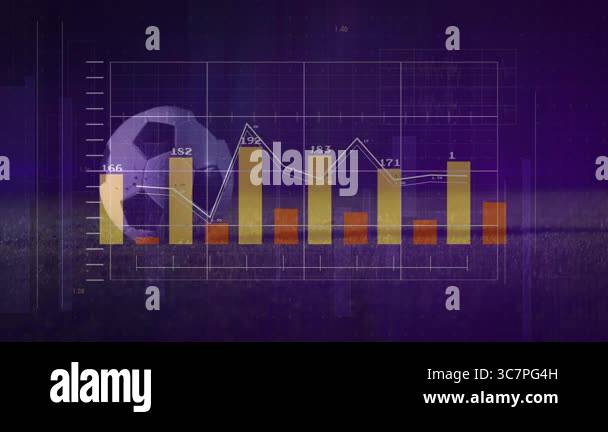 Animation of bar graph and line chart with soccer ball on purple ...