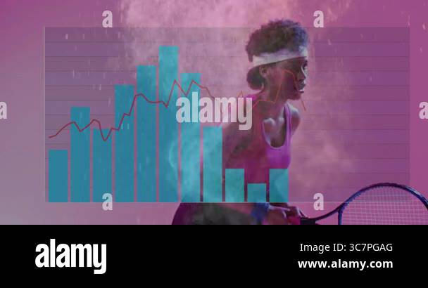 Analyzing performance metrics, tennis player in action with data chart ...