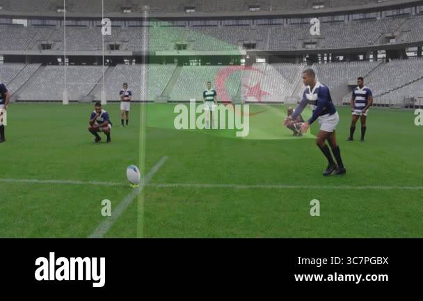 On field, rugby players with animation graphics overlaying stadium ...