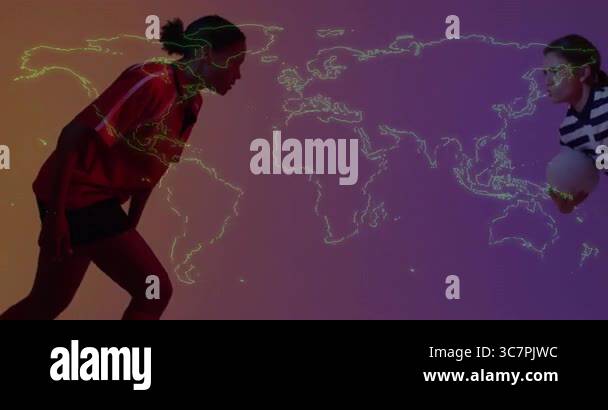 Rugby players in action with animated world map overlay in background ...