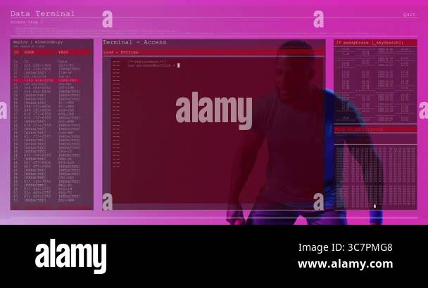 Animation of person in dynamic pose with code terminal on pink ...
