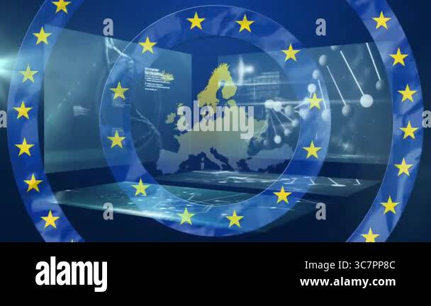 Digital map of Europe with scientific - Digital Map Of Europe With Scientific Data Overlay European Union Stars Encircling Cartography Data Visualization Geopolitics Analytics Research Geography 3c7pp8c