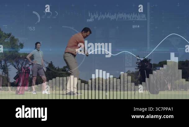 Swinging golf club with animation of data analytics and graphs ...
