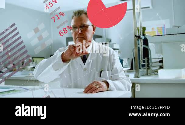 Interacting with digital map and animation, scientist analyzing data in ...