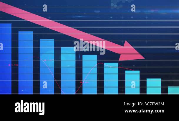 Animation of blue bar graph with red arrow showing financial decline ...