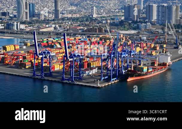 Container port with cargo MSC containers terminal, bridge cranes ...