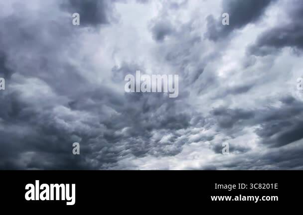 Grey rain heavy cloud flowing on sky. Nature, weather, air time lapse ...