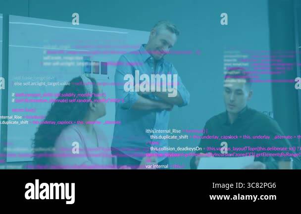 Discussing project, business team with animation of programming code in ...