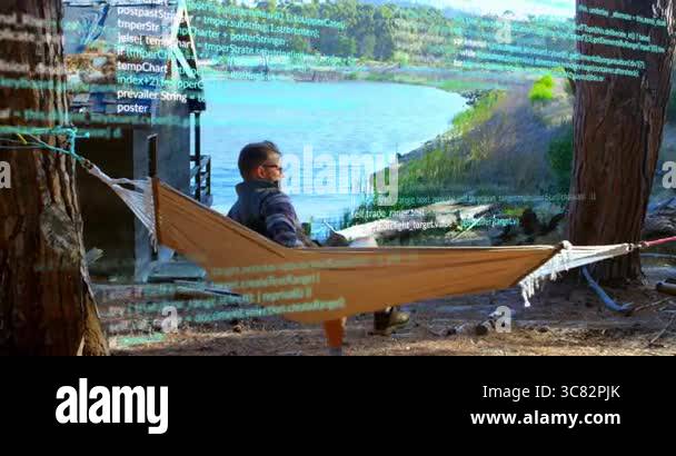 Man relaxing in hammock by lake with programming code overlay animation ...