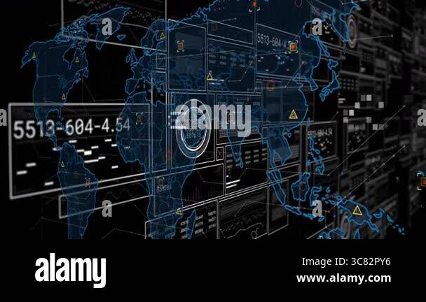 Overlaying futuristic interface, digital world map with data points and ...