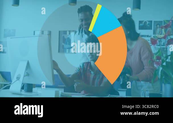 Diverse team collaborating at computer with colorful pie chart ...