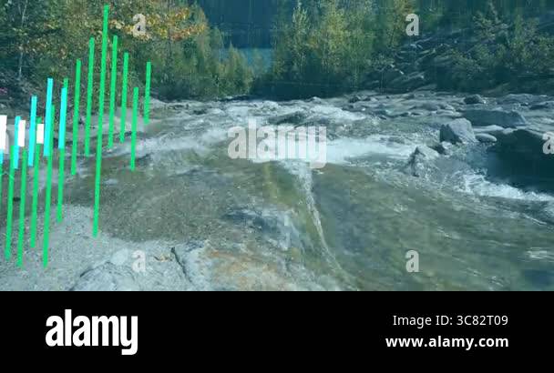 Graphs and data visualization animation over flowing river in nature ...