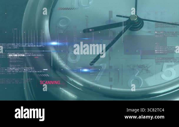 Digital animation overlay on clock face showing scanning and analysis ...
