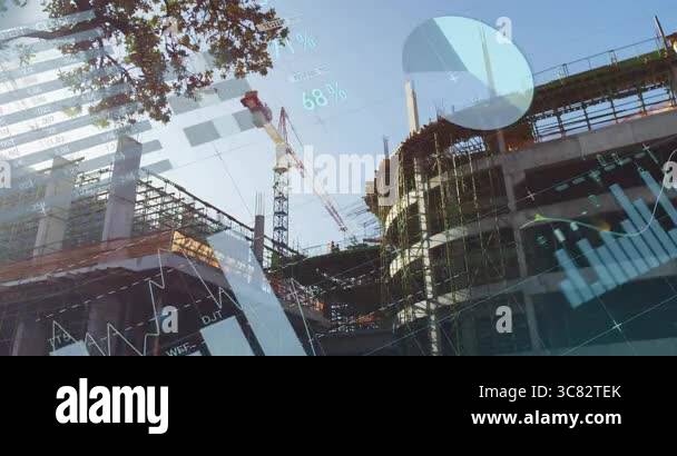Construction site with data visualization animation overlaid on ...