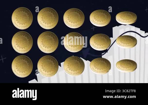 Displaying animation of gold NFT coins over rising financial chart in ...