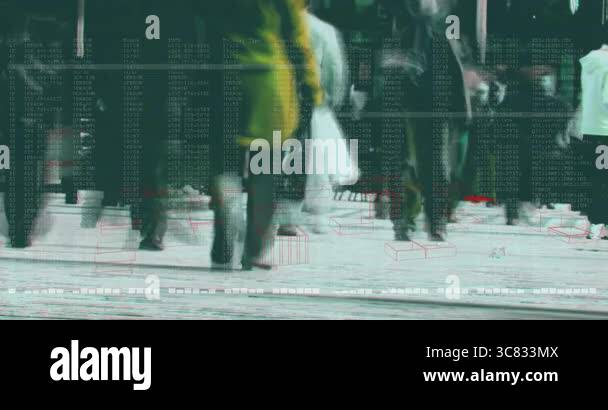 Walking in city, people with data processing animation overlay in ...
