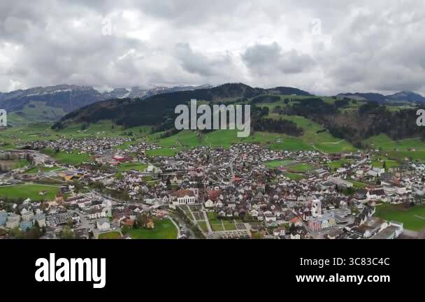 aerial view of the village and the mountains of the city of switzerland ...