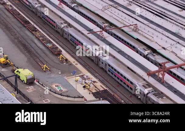 Train yard revealing infrastructure network with parked locomotives