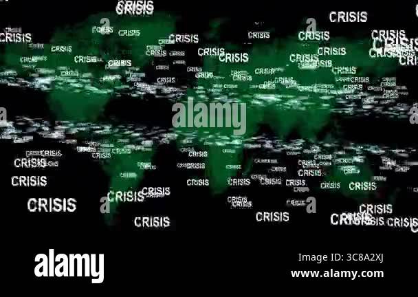 Depicts a digital map of the world overlaid with crisis symbols and ...