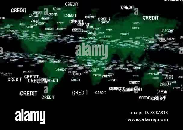Depicts a digital map of the world overlaid with credit symbols and ...