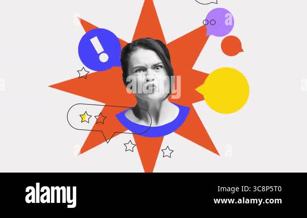 Angry woman with 1-star rating and exclamation mark. Negative customer ...