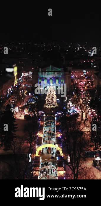 Vertical Format Video of Night aerial view of Lviv Opera, Central part ...