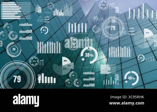 Business data analytic interface fly over smart city showing alteration ...