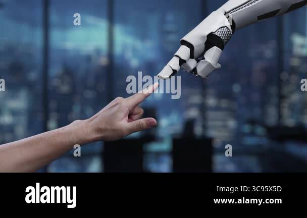 A futuristic robotic hand interacts with a digital data display ...