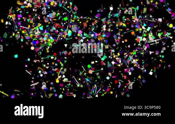 Many colorful confetti like symbols in various shapes are shot upwards ...