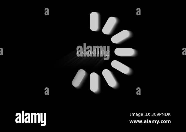 Black background loading screen with animated spinner and loading word ...