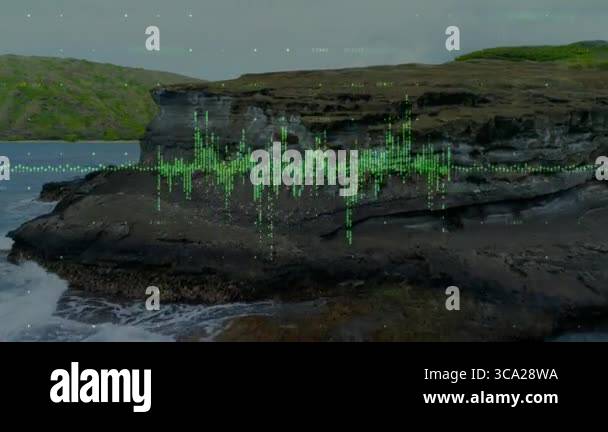 Green translucent waveform data visualization floating above layered ...