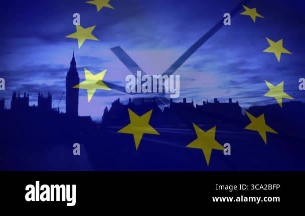 Clock hands materializing at twilight above London rotating behind EU ...