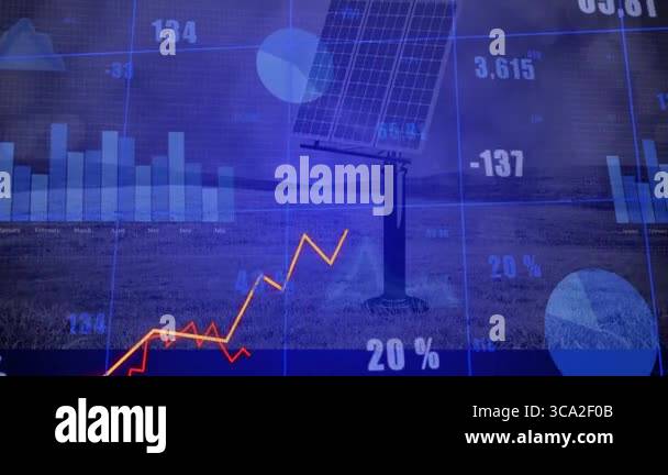 3D solar panel standing on post showing digital line graphs and bar ...