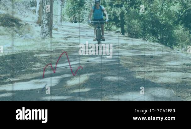 Man riding mountain bike on forest trail, showing red blue line graphs ...