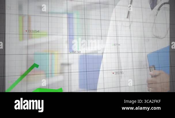 male doctor reviewing medical data grid in office, with rising green ...