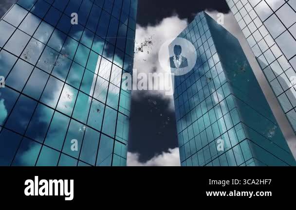Reflective glass towers rising toward cloudy sky, digital HUD icons ...