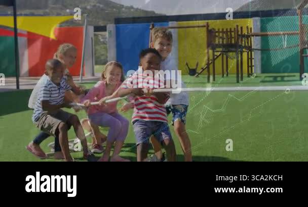 Children pulling rope on playground turf, showing animated education ...