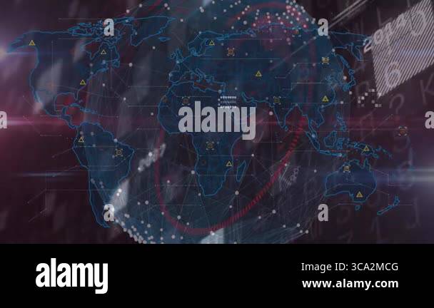 Displaying neon blue world map overlay floating over red purple ...
