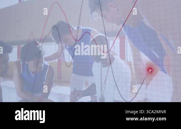 Coatching Animate Coach kneeling guiding team in basketball training showing animated ...