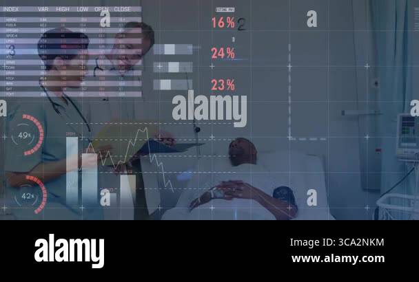 doctor and nurse reviewing patient data in exam room, with animated pie ...