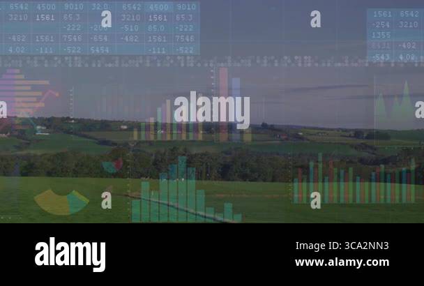 Data visualization animating across rolling farmland, showing numeric ...