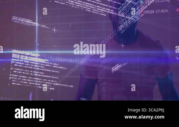 Man standing in tech studio, projecting holographic binary code with ...