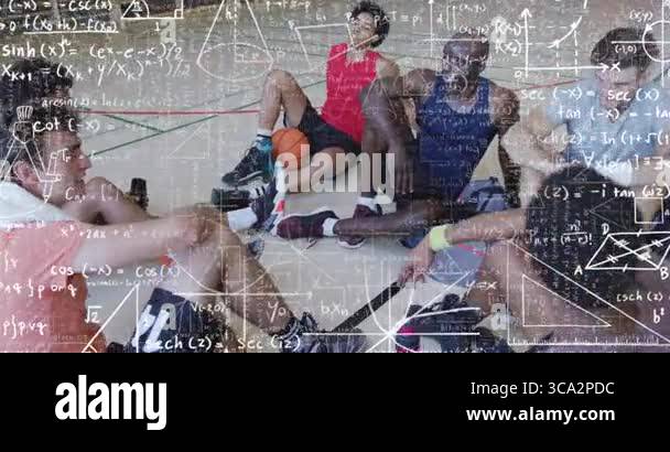 Team players sitting in gym court, displaying math formulas for ...