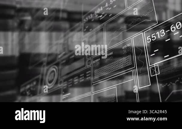 Overlapping translucent data panels floating in grayscale 3D, showing ...